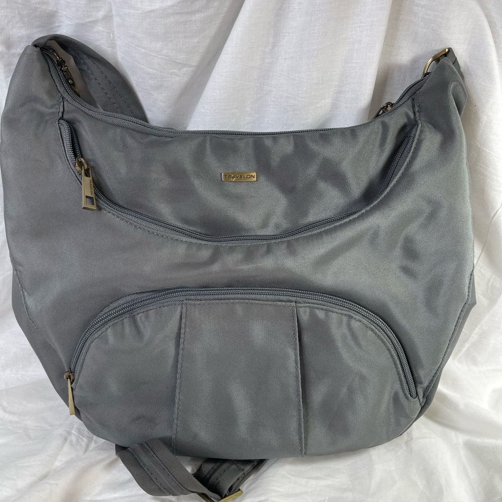⭐️TRAVELON ANTI-THEFT GRAY/BURNT ORANGE ROUND HOBO RFID, Gently Used